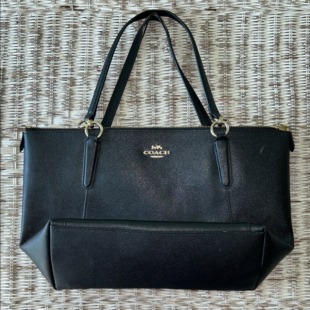 Coach Black Leather Tote with Gold Accents